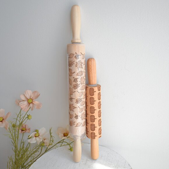 Other - Two Fall Country Cottage Farmhouse Embossed Wood Kitchen Rolling Pin Set